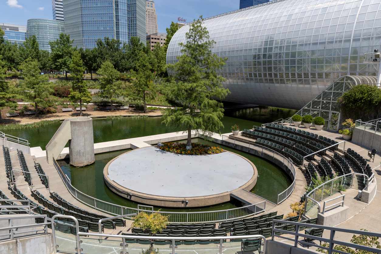 Myriad Botanical Garden’s outdoor theater and water feature.