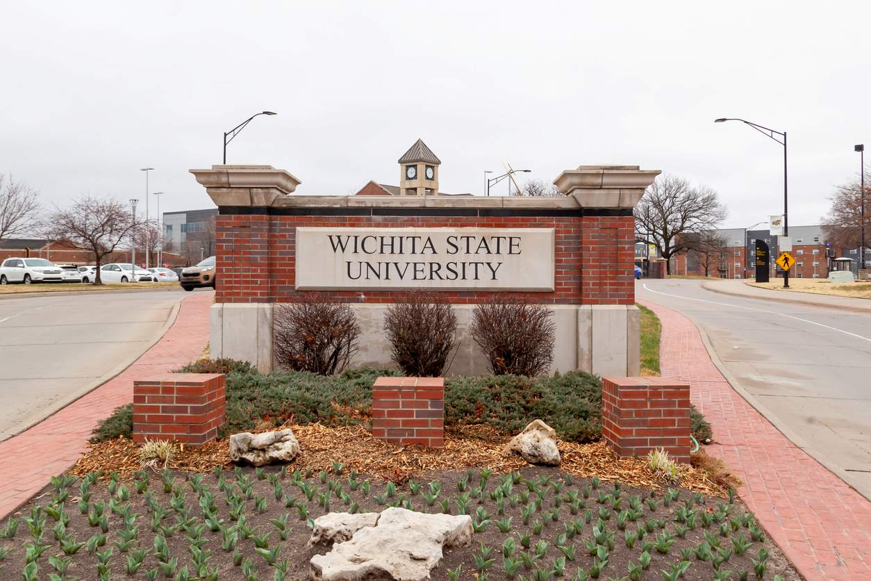 The brick entrance sign of Wichita State University.