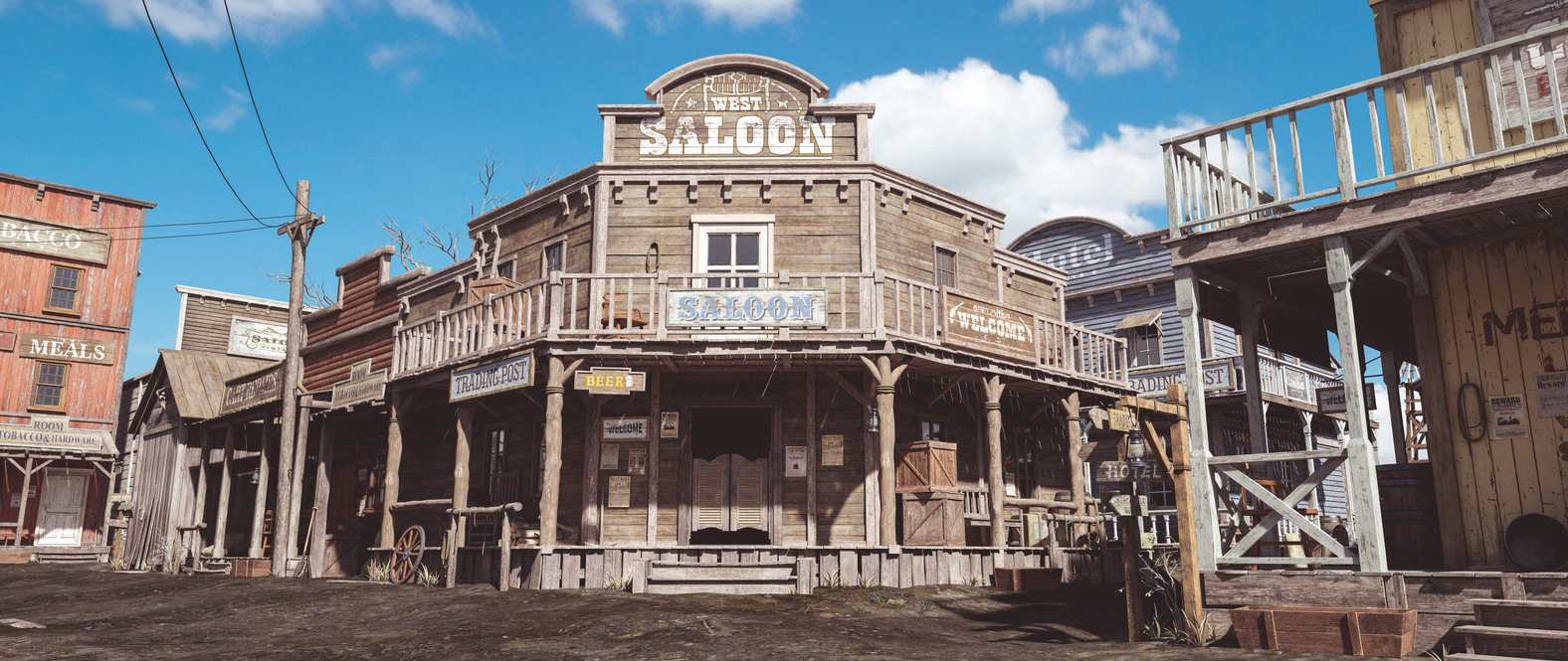 Empty street of a wild west town with a wooden saloon building standing centrally.
