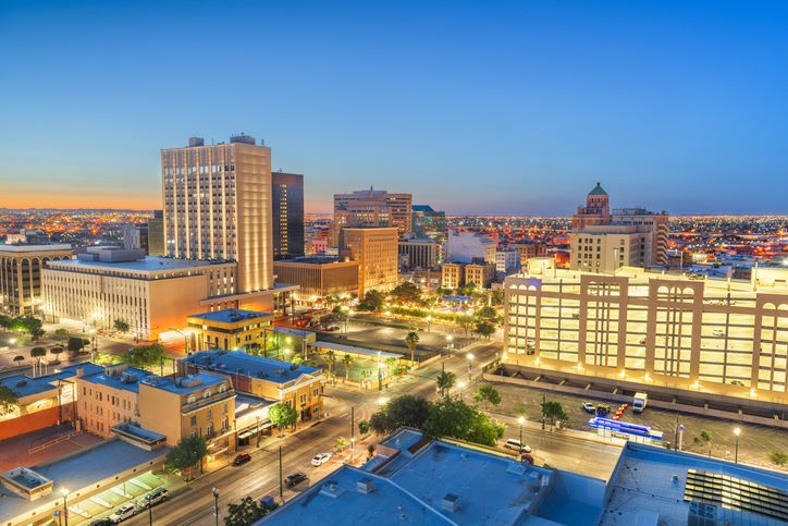 A view of the downtown El Paso skyline at sunset.